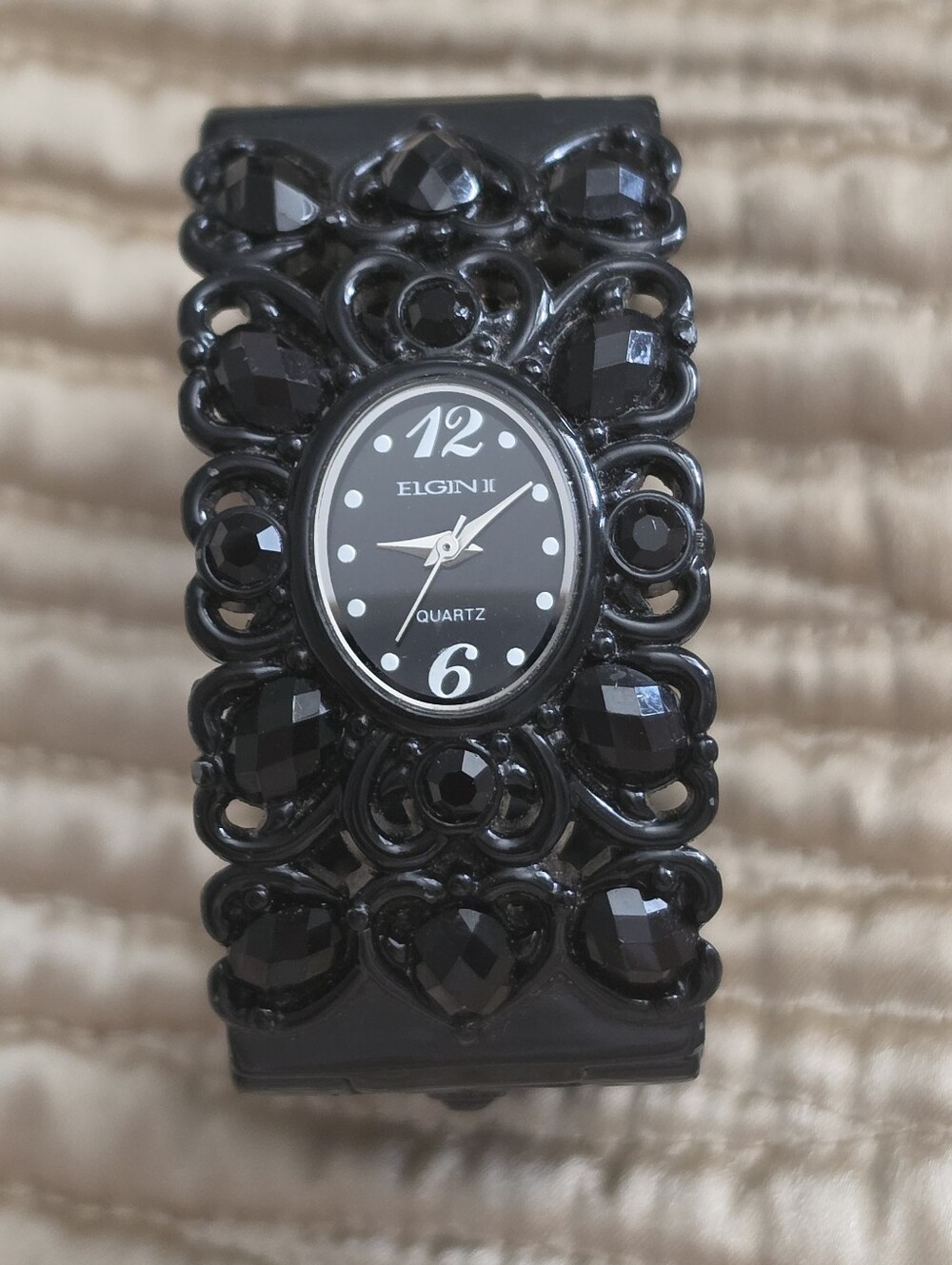Elgin II Black Beaded Women's Bracelet Cuff Watch As Is Needs Battery